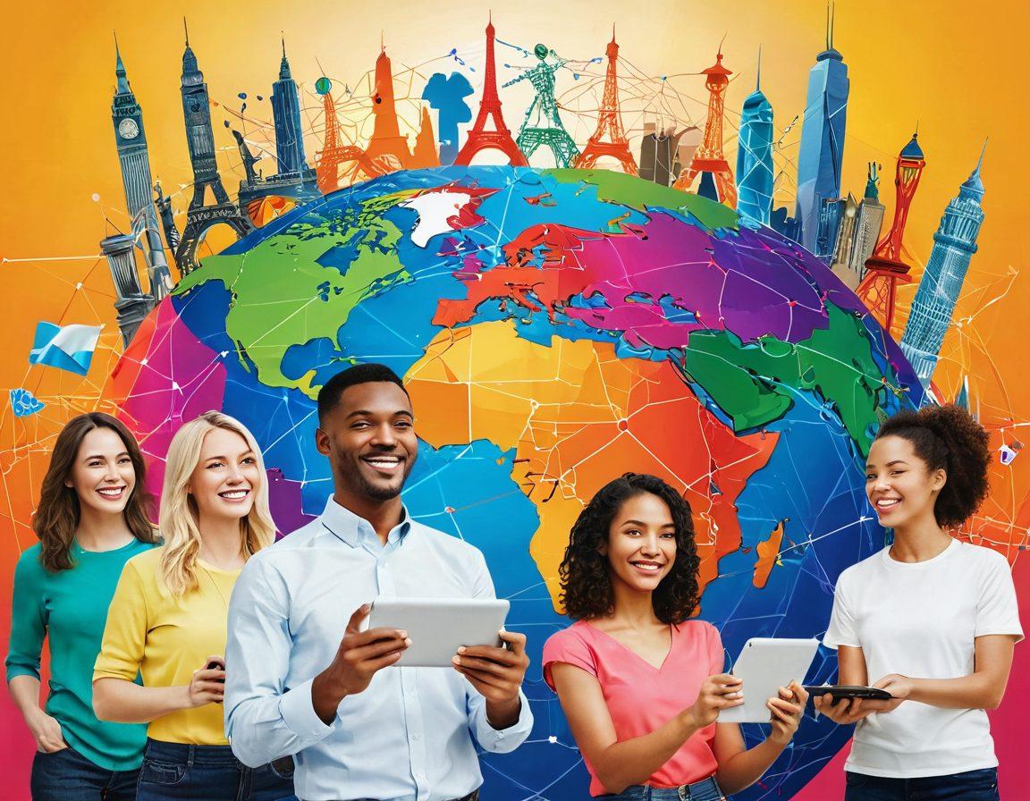 A vibrant collage depicting a diverse group of people from various countries joyfully connecting through technology, symbolizing international relationships. Include iconic landmarks from different nations in the background, with colorful network lines weaving between them. Bright, uplifting colors to convey a sense of happiness and collaboration. super-realistic. vibrant colors.