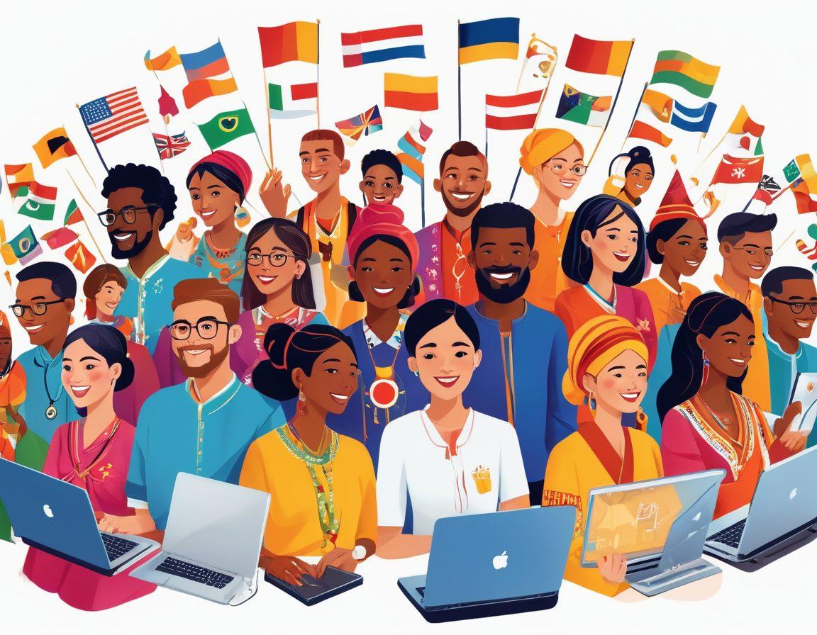 A vibrant illustration depicting a diverse group of people from around the world joyfully connecting through virtual platforms, surrounded by symbols of different cultures and communities. Show colorful flags, traditional clothing, and technology elements, like laptops and smartphones, uniting them in harmony. Include bright, uplifting colors to convey positivity and inclusivity. whimsical style. vibrant colors. white background.