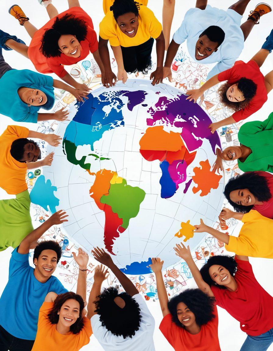 A vibrant collage depicting people from diverse cultures joyfully collaborating on a project, surrounded by symbols of teamwork like puzzle pieces and light bulbs. The background features a globe with colorful connections between continents representing global engagement. Faces are filled with expressions of delight and teamwork, creating an atmosphere of cheerfulness and collaboration. Use bright, lively colors to evoke a sense of happiness. super-realistic. vibrant colors. white background.